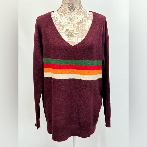 WISHLIST Deep eggplant with rainbow stripe V neck sweater size M/L. - Picture 1 of 12